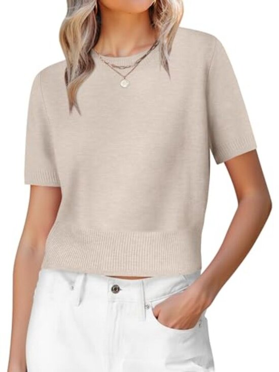 Sweaters - 🆕 Womens Short Sleeve Sweaters Cropped Crew Neck Business Casual Lightweight
